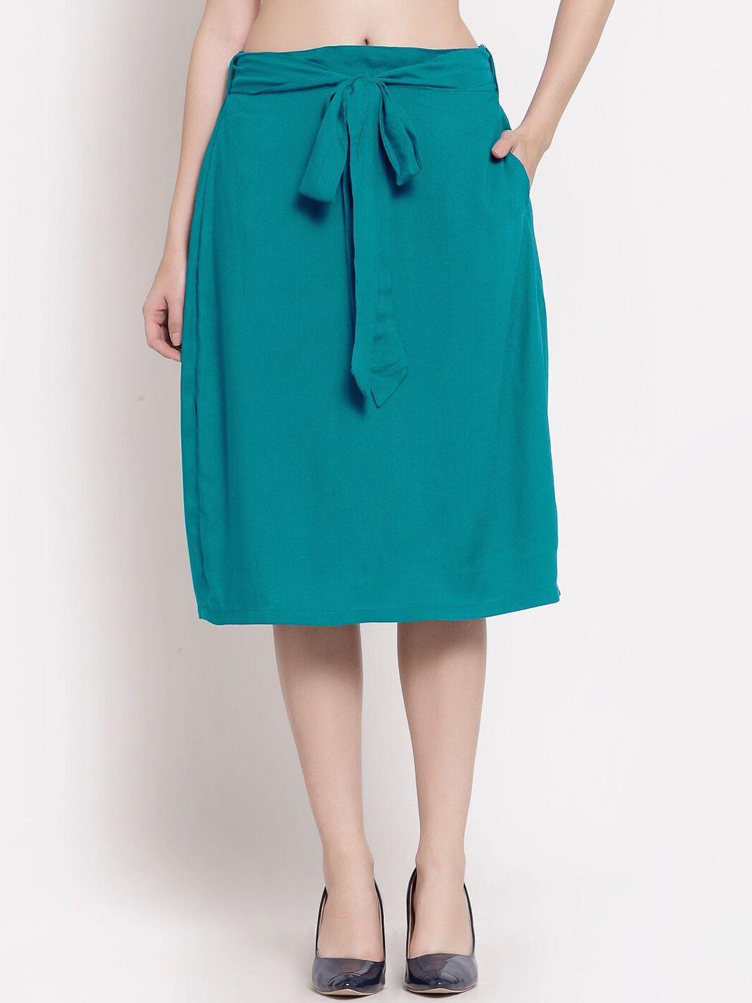 patrorna women plus size teal blue solid knee length skirt