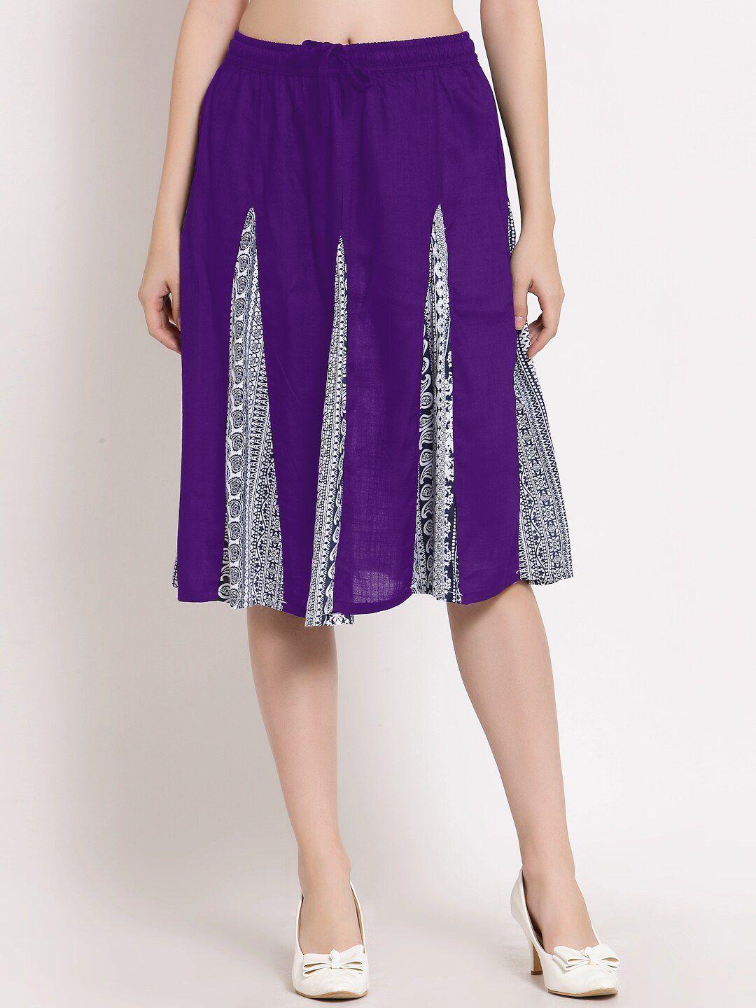 patrorna women purple & white printed flared skirt with pleated detailing