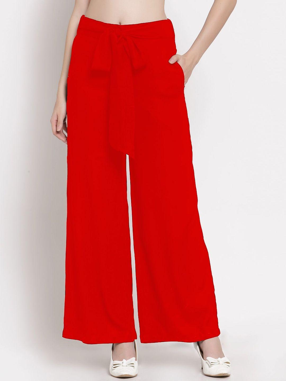 patrorna women red smart loose fit cotton parellel trousers