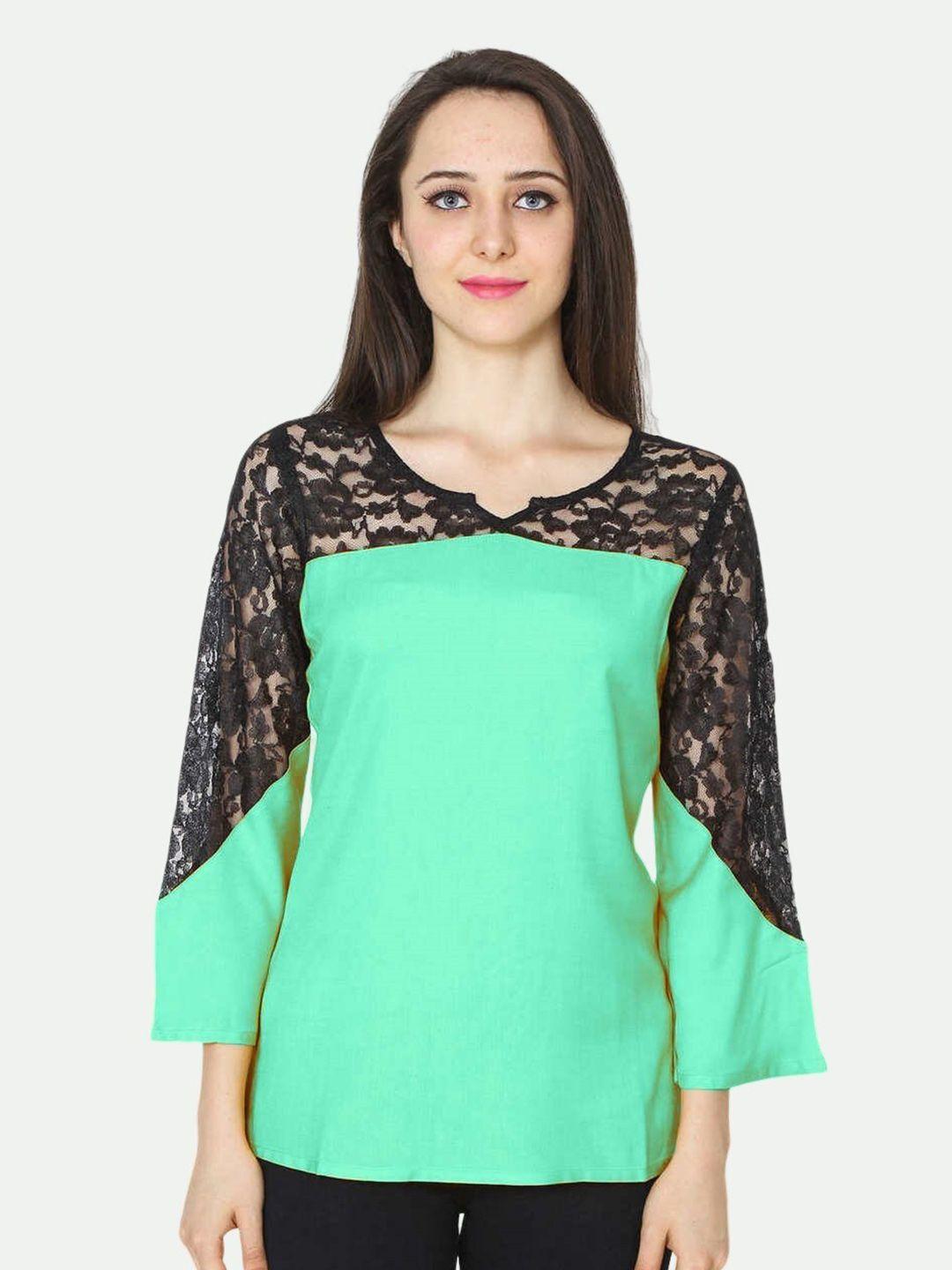 patrorna women sea green & black keyhole neck cotton blend top