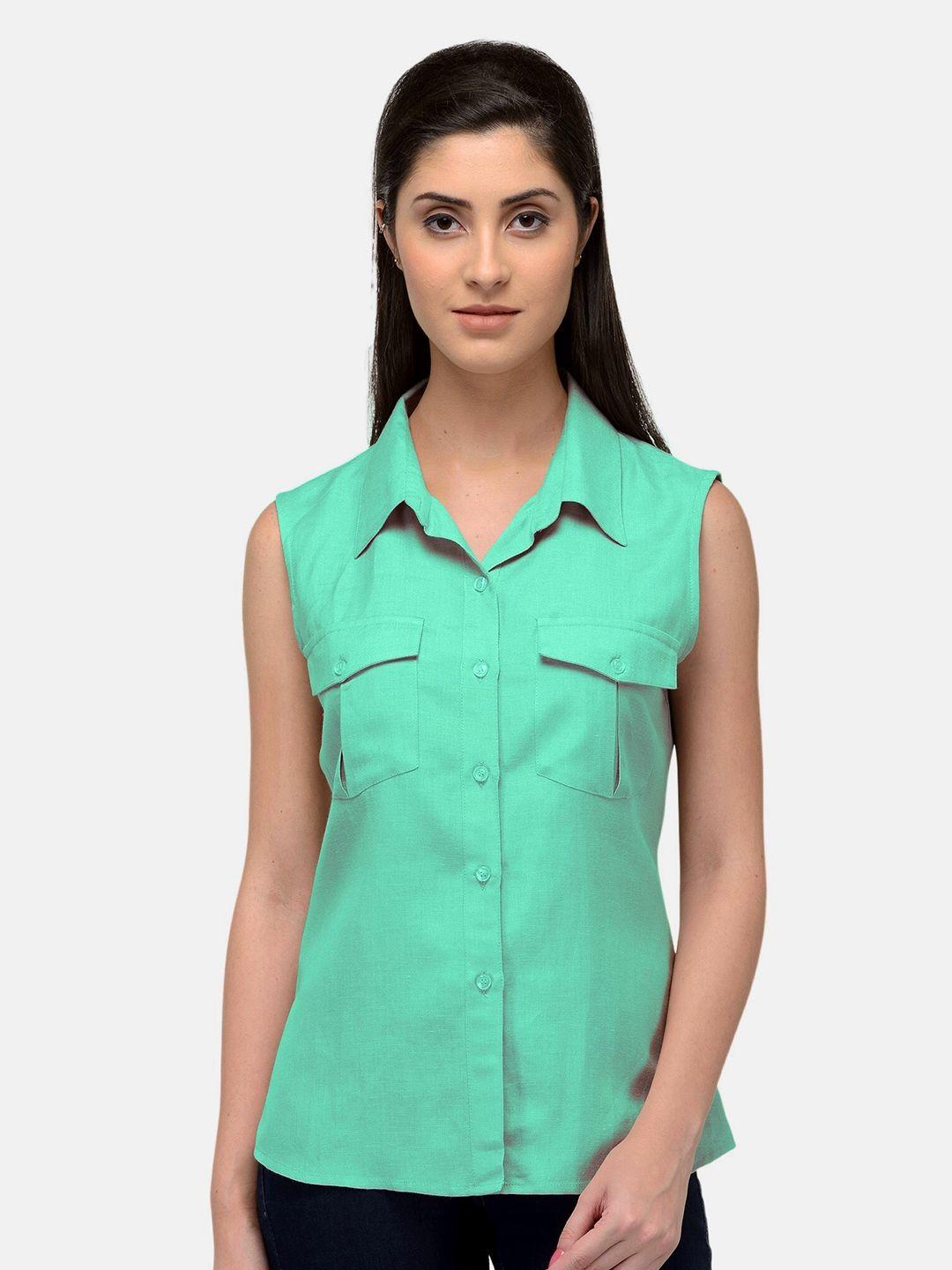 patrorna women sea green comfort solid casual shirt