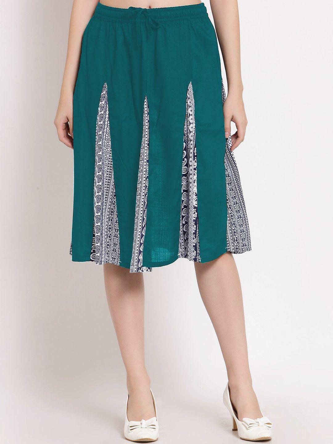 patrorna women sea green printed knee length flared skirt