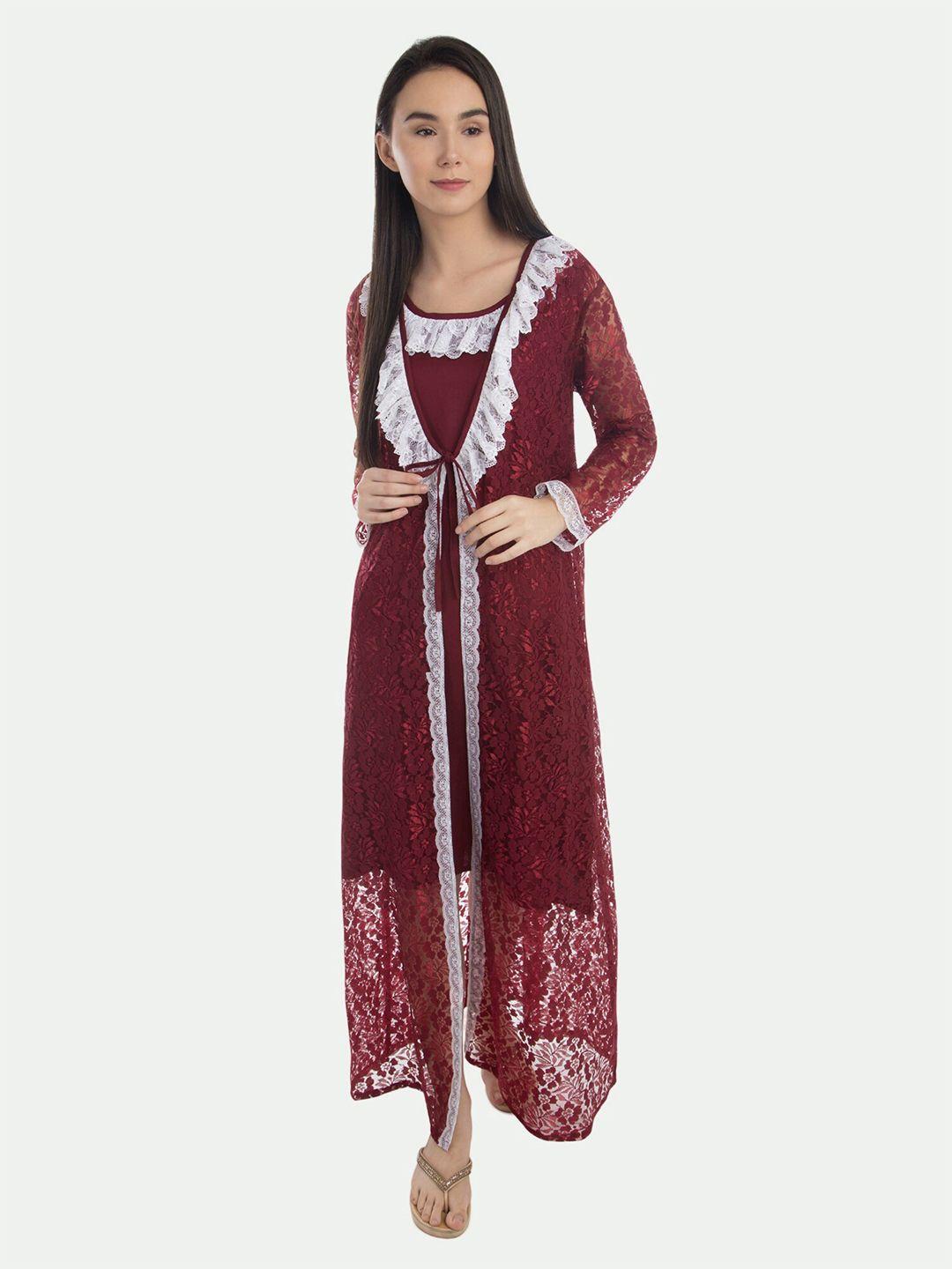 patrorna women solid cotton blend midi nightdress with maxi net robe