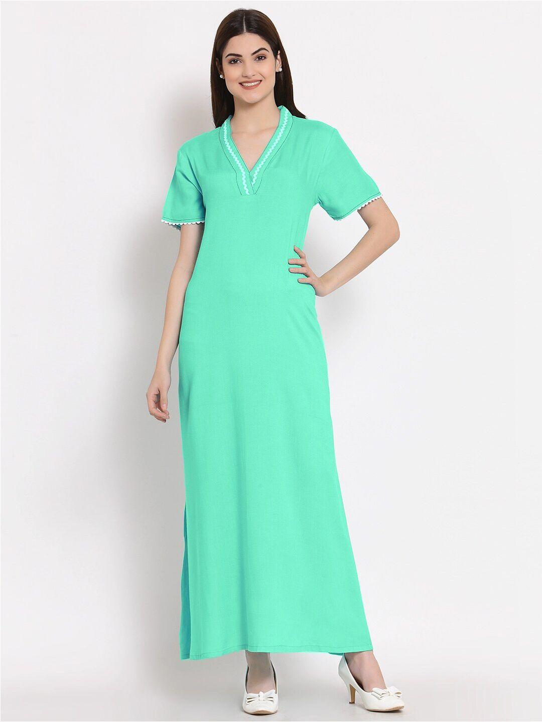 patrorna women teal cotton blend embellished maxi nightdress