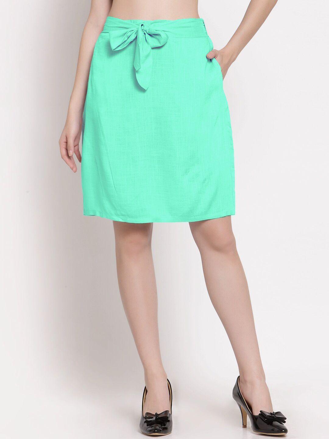 patrorna women teal green solid straight skirt