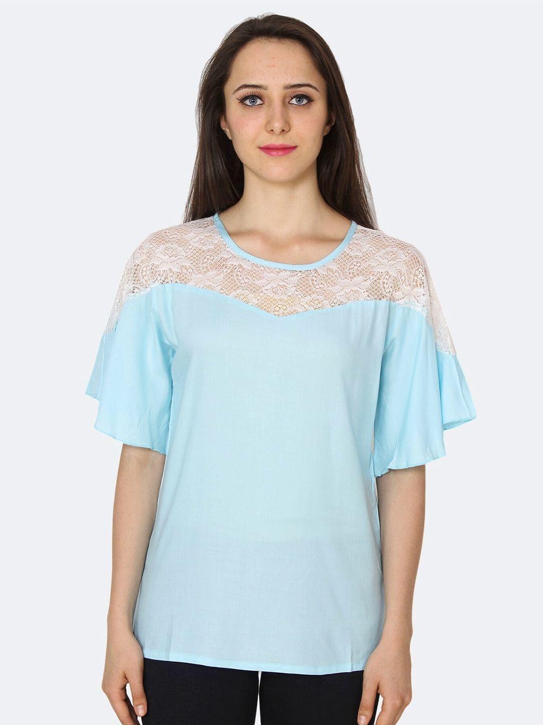 patrorna women turquoise blue solid flared sleeves lace-up regular top