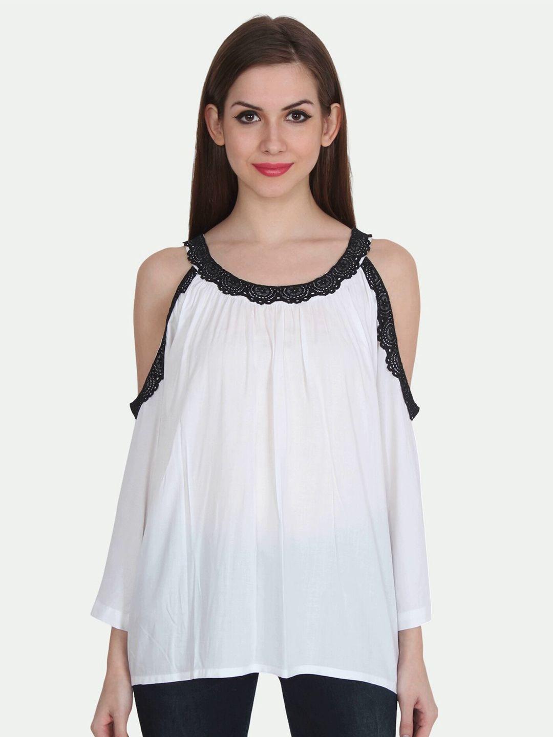patrorna women white & black high-low cold shoulder sleeves boxy top
