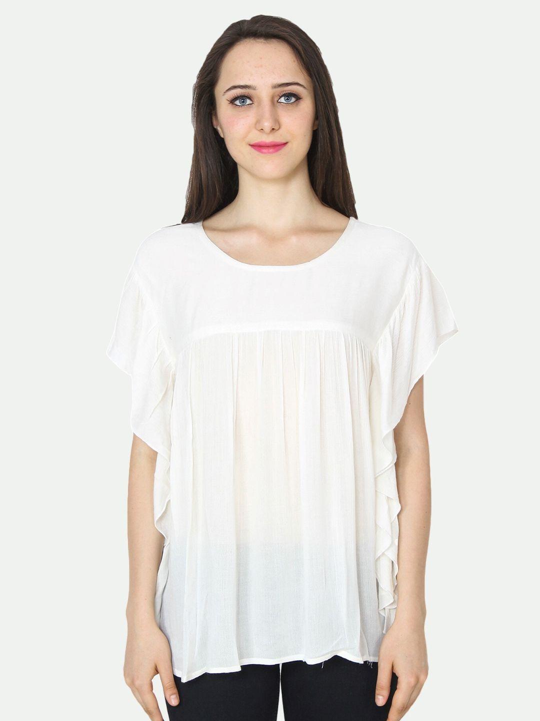 patrorna women white round neck flutter sleeves cotton blend top