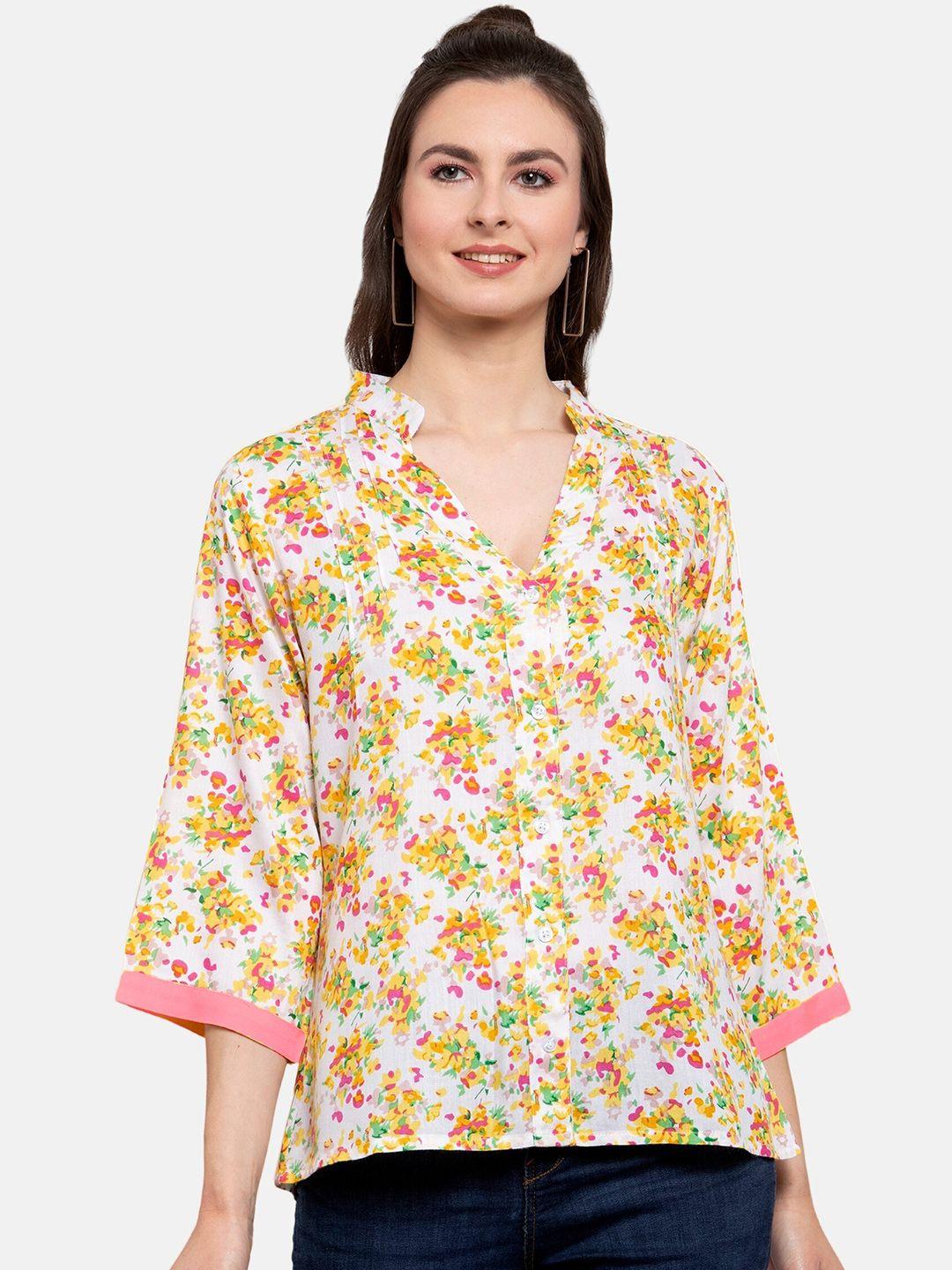 patrorna women yellow comfort floral printed casual shirt