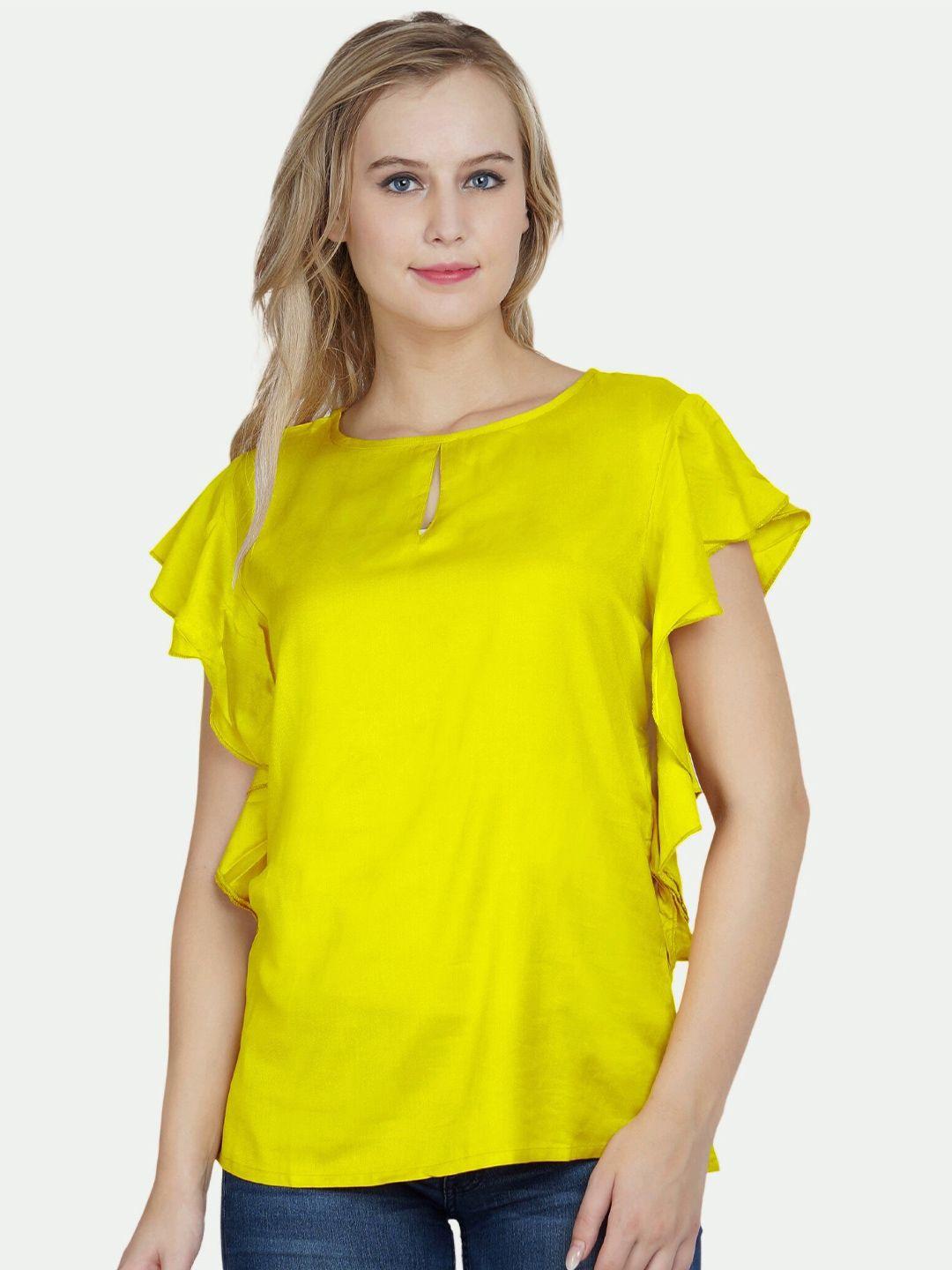 patrorna women yellow keyhole neck ruffles top