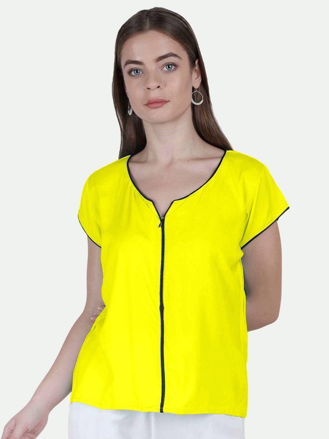 patrorna women yellow solid keyhole neck regular cotton blend top