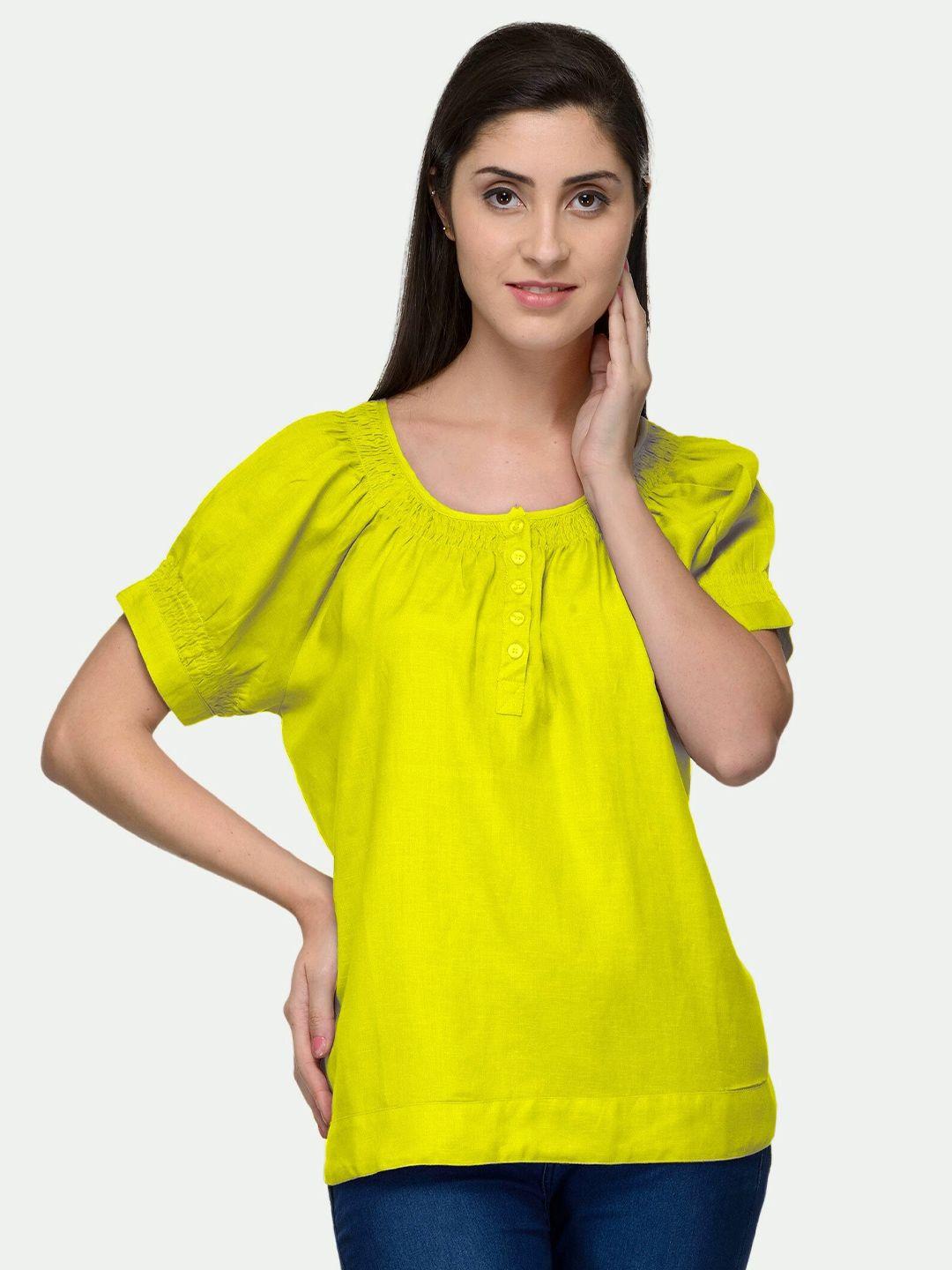 patrorna women yellow solid round neck cotton blend top