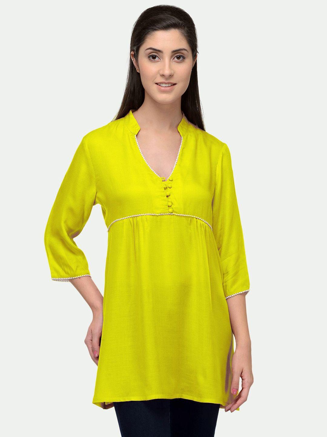 patrorna women yellow solid v-neck longline top