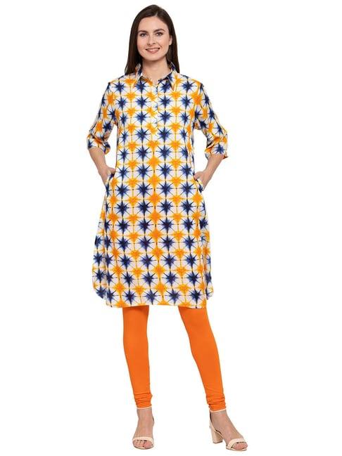 patrorna yellow & blue printed pathani kurta