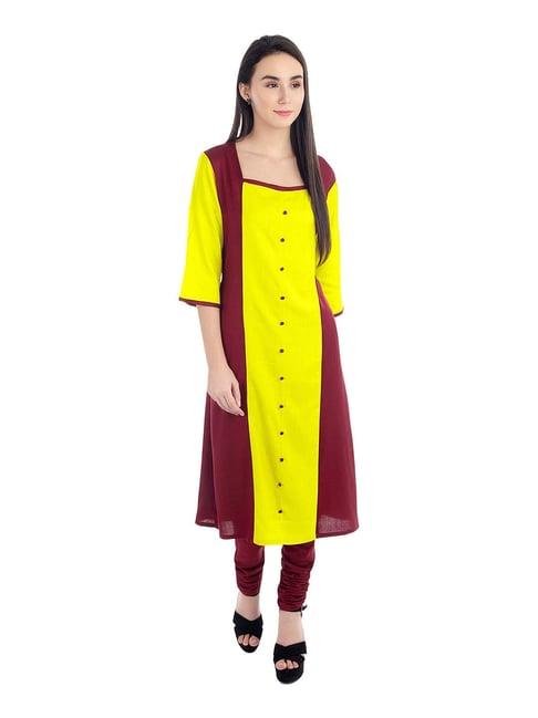 patrorna yellow & maroon regular fit kurta