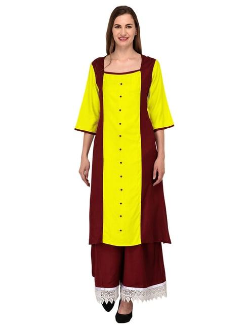 patrorna yellow & maroon regular fit kurta