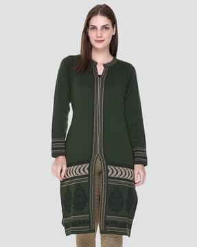 patterned-knit straight kurta with front-slit