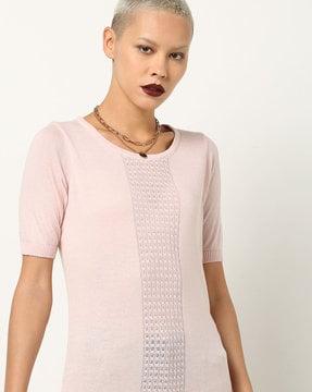 patterned knit top with ribbed trims