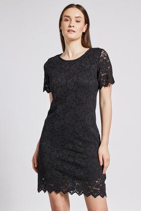 patterned polyester regular fit women's knee length dress - black
