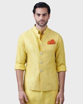 patterned relaxed fit nehru jacket with patch pockets