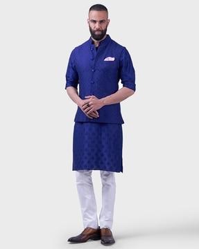 patterned relaxed fit nehru jacket with patch pockets