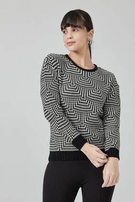 patterned round neck polyester women's sweatshirt - black
