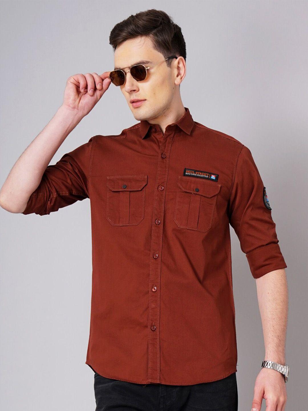 paul street men brown standard slim fit opaque casual shirt