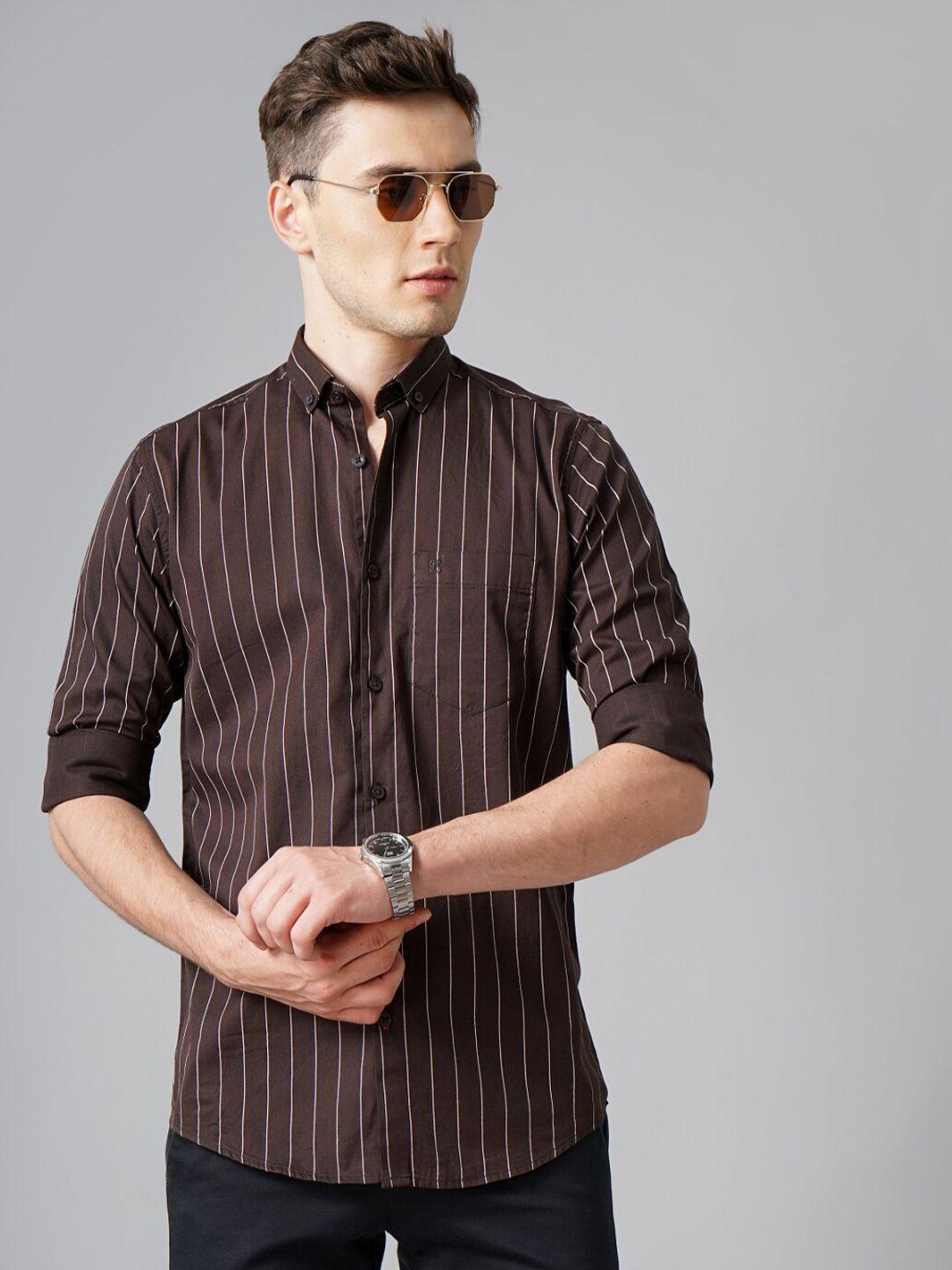 paul street men brown standard slim fit opaque striped casual shirt