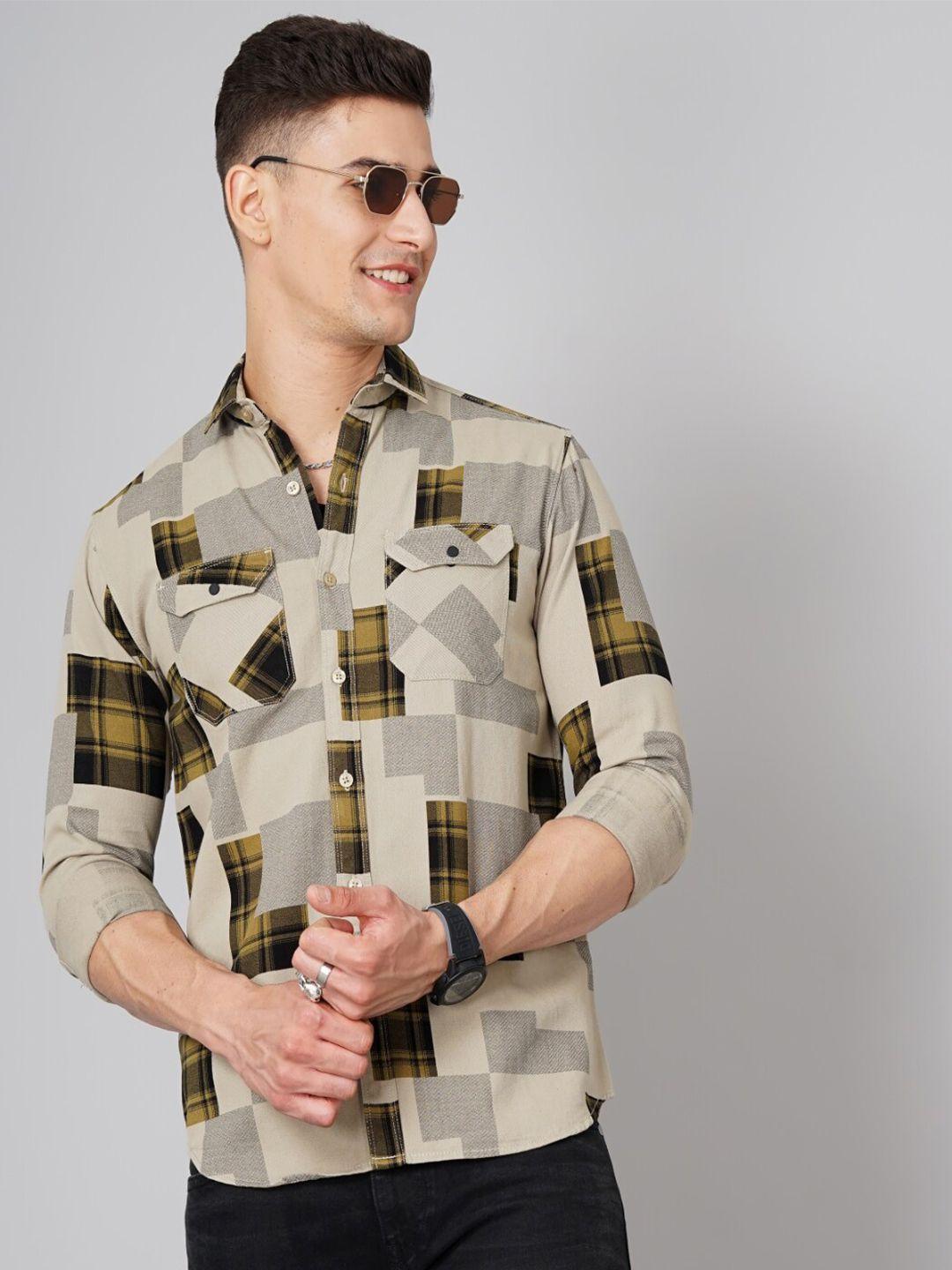 paul street men cream-coloured standard slim fit opaque printed casual shirt