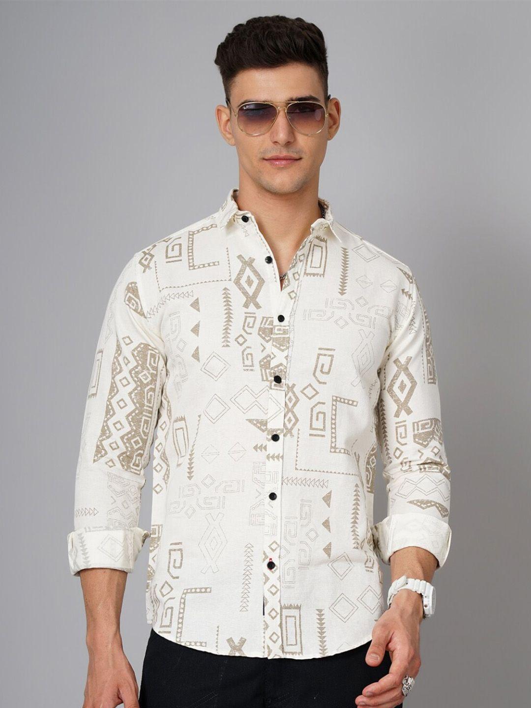 paul street men cream-coloured standard slim fit opaque printed casual shirt