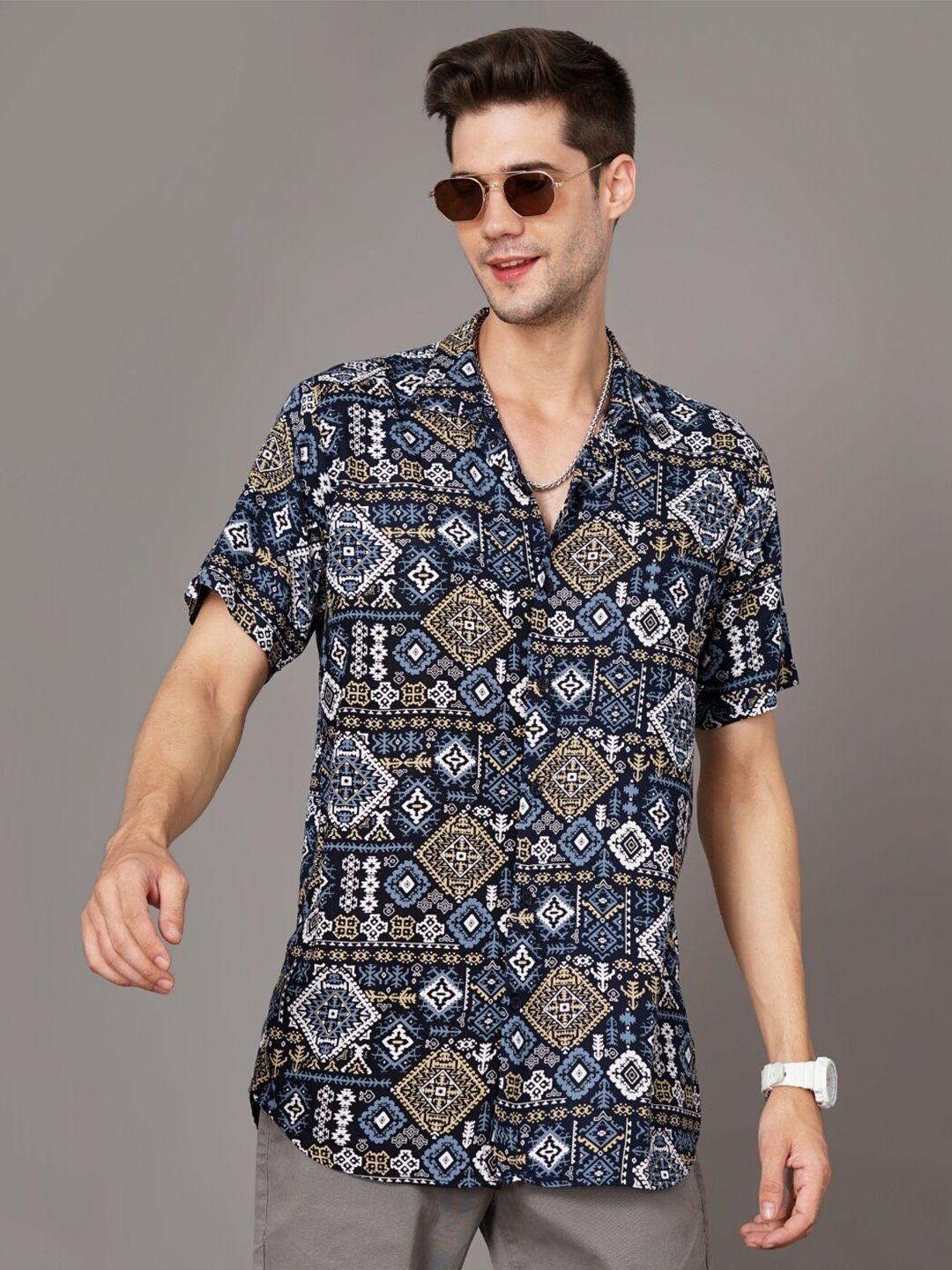 paul street men navy blue standard opaque printed casual shirt