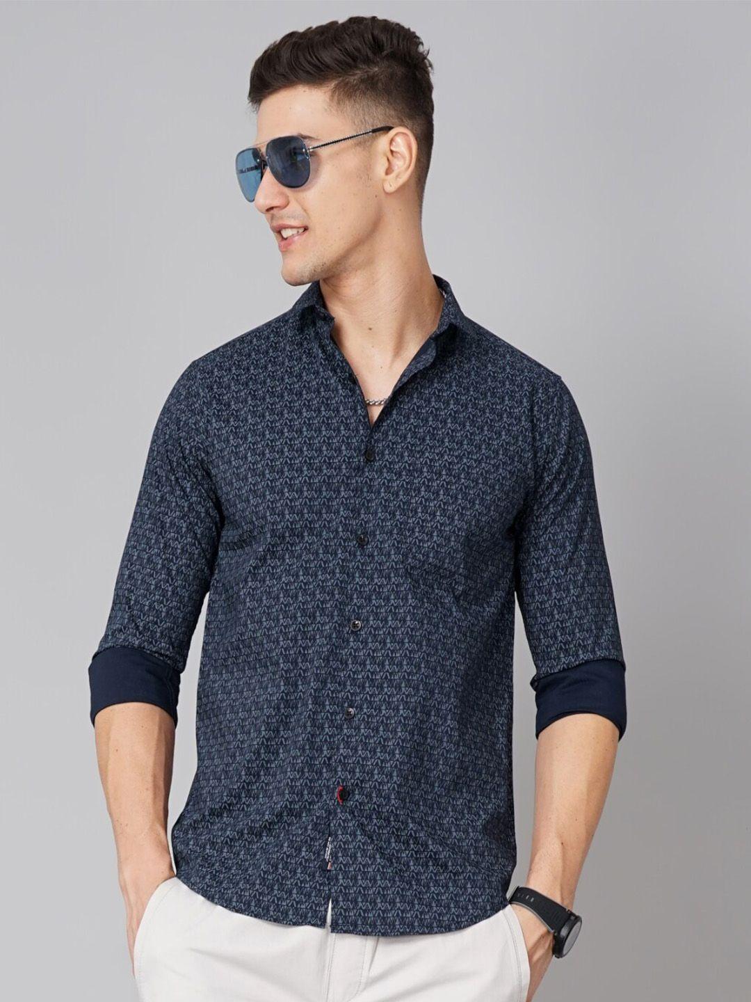 paul street men navy blue standard slim fit opaque printed casual shirt