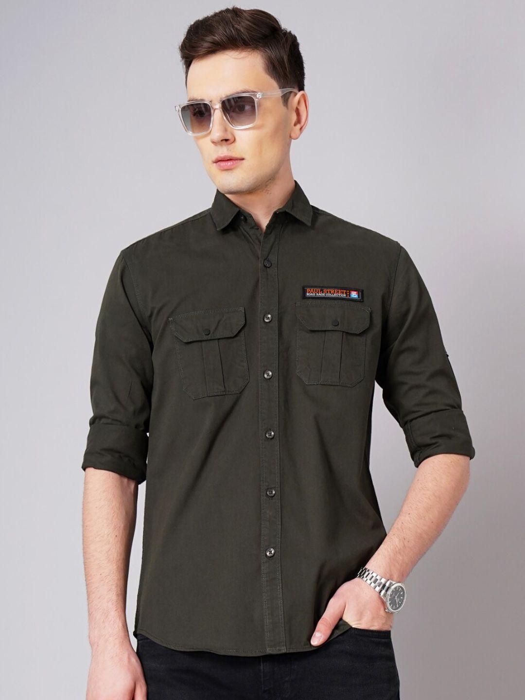 paul street men olive green standard slim fit opaque casual shirt