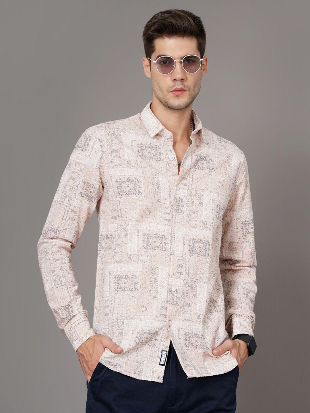 paul street men peach-coloured standard slim fit opaque printed casual shirt