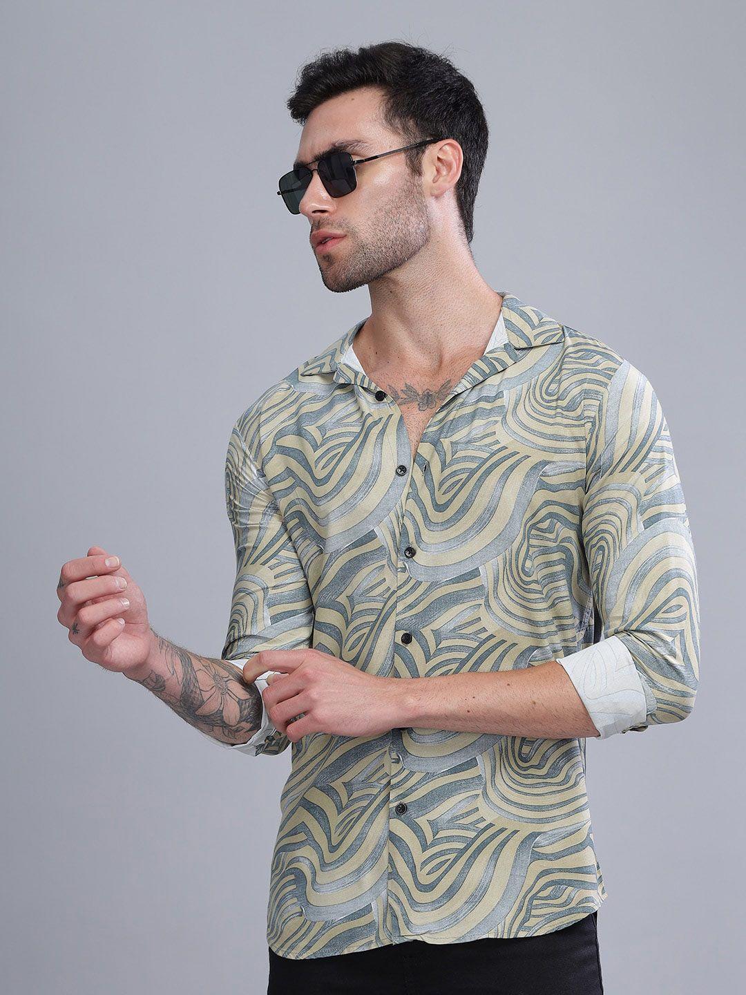 paul street standard slim fit abstract printed cuban collar long sleeve casual shirt