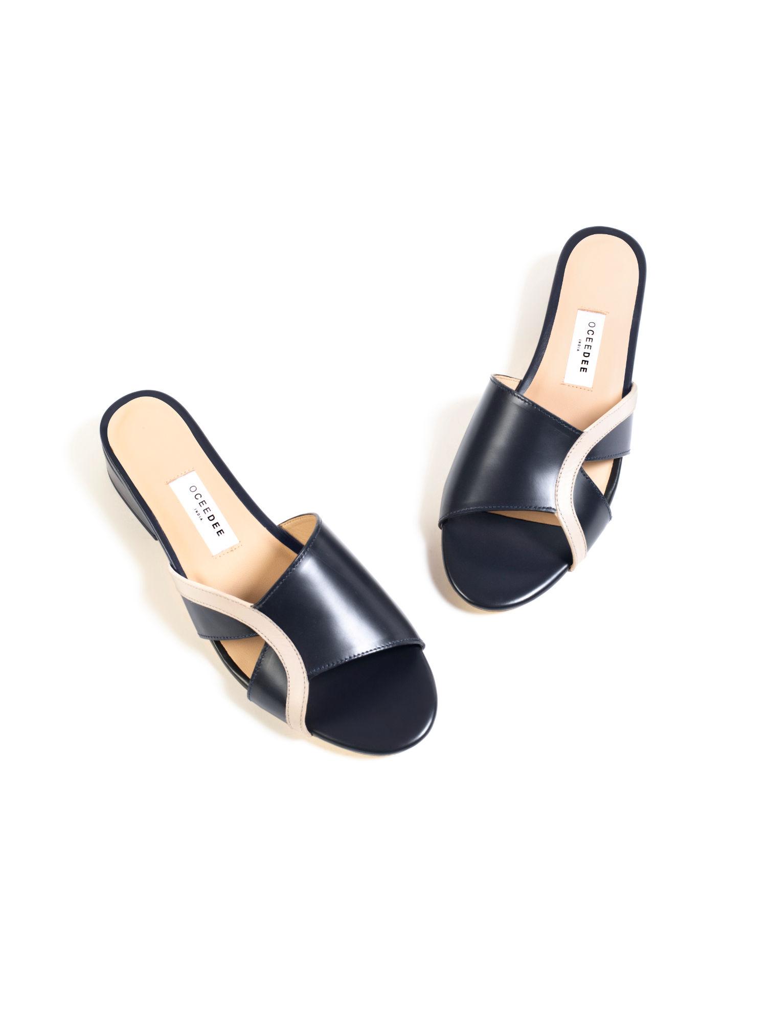paula navy blue solid leather sandal heels