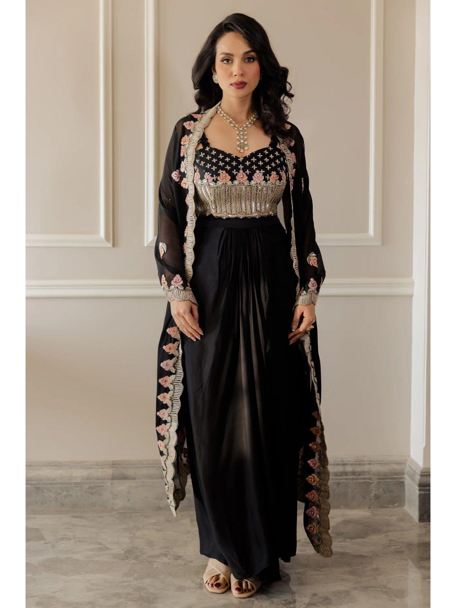 paulmi harsh black heavy embroidered skirt with dupatta (set of 3)