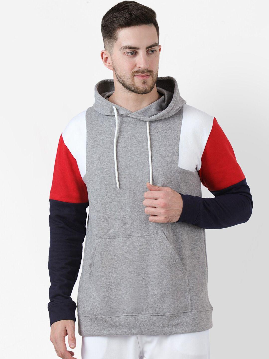 pause sport men grey colourblocked hoody with kangaroo pocket sweatshirt