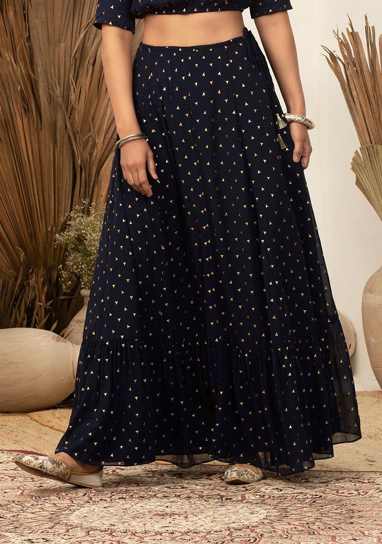 payal singhal for indya navy foil ruffled lehenga skirt