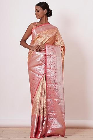 peach & gold embroidered handwoven saree set