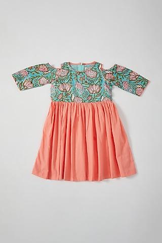 peach-&-mint-hand-block-printed-cold-shoulder-dress-for-girls