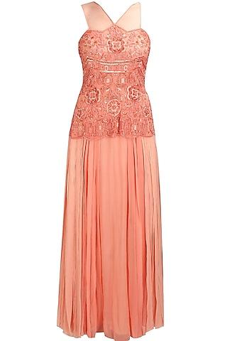 peach beads and sequins applique work sheer prom gown