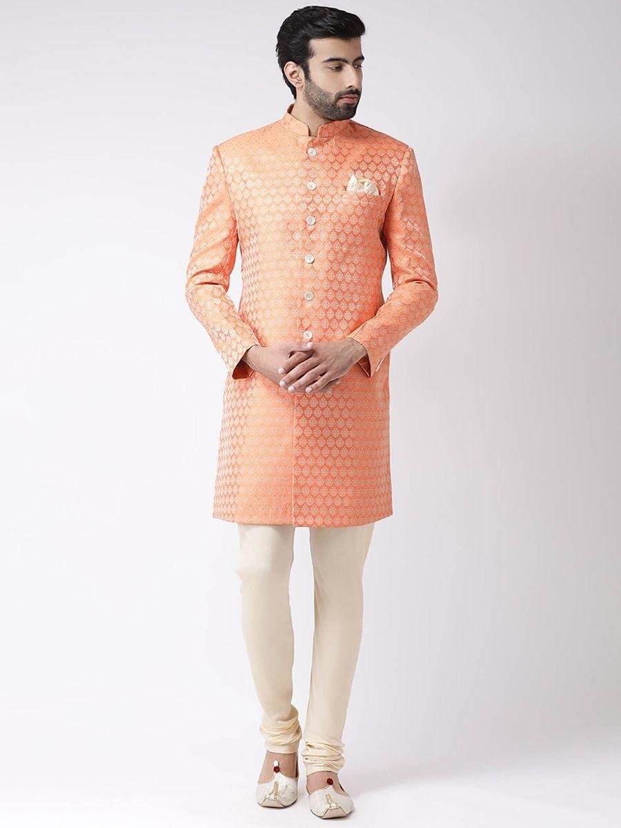 peach brocade woven design sherwani with churidar (set of 2)