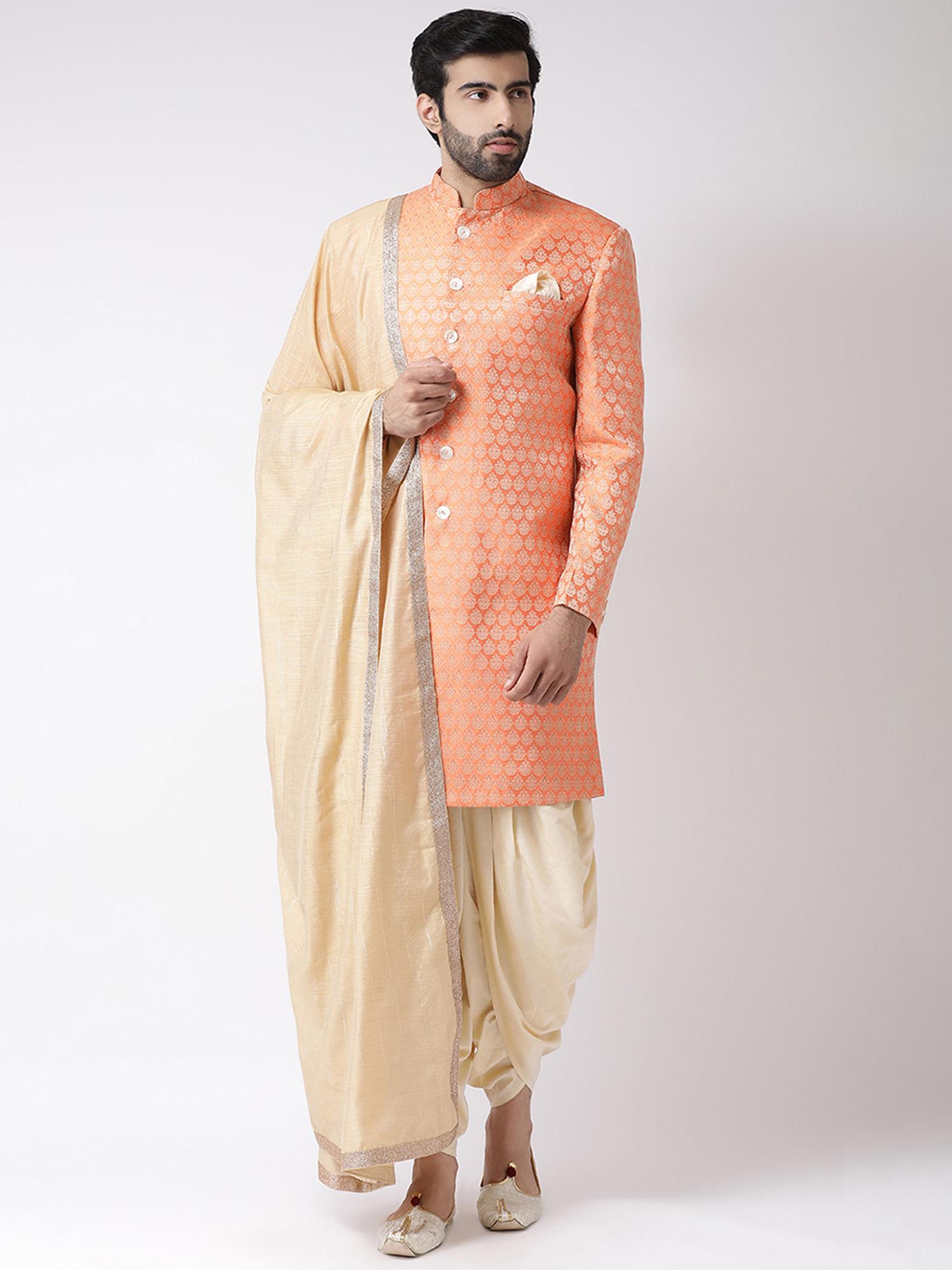 peach brocade woven design sherwani with churidar and dupatta (set of 3)