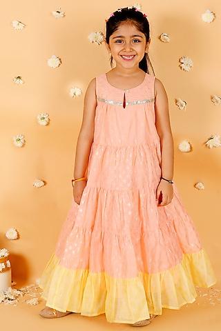 peach chanderi foil printed tiered gown for girls