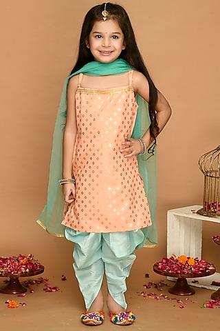 peach cotton blend printed kurta set for girls