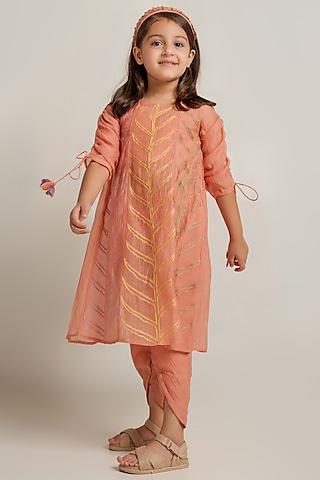 peach cotton chanderi kurta set for girls