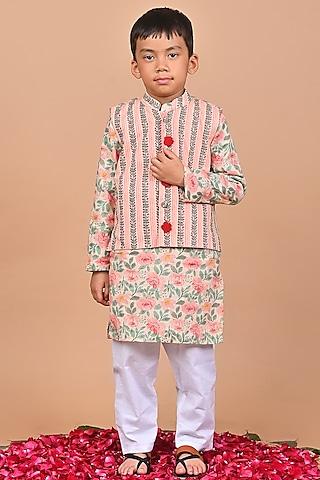 peach cotton crochet floral embroidered nehru jacket set for boys