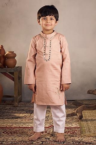 peach cotton embroidered kurta set for boys