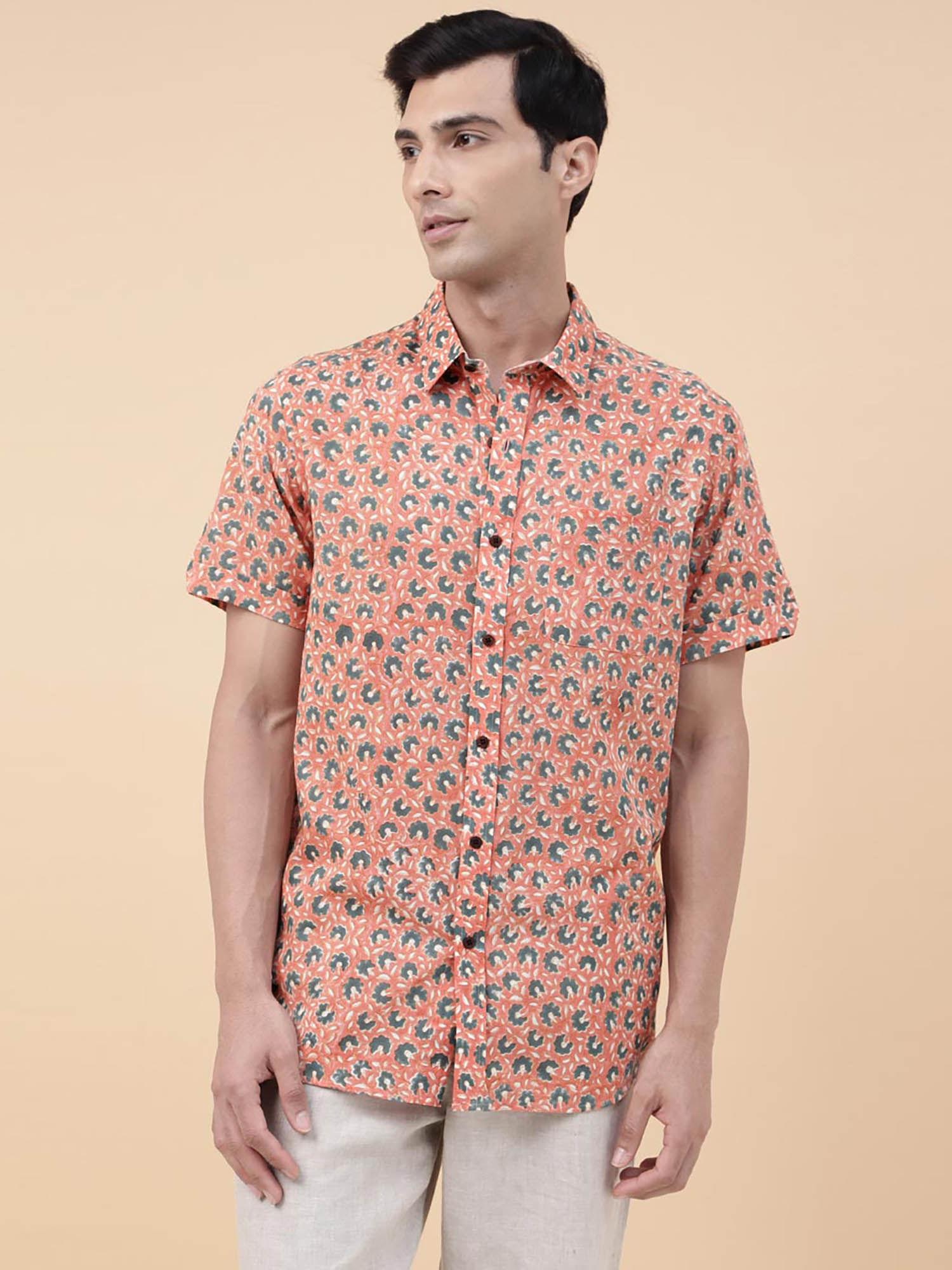 peach cotton floral print regular shirt